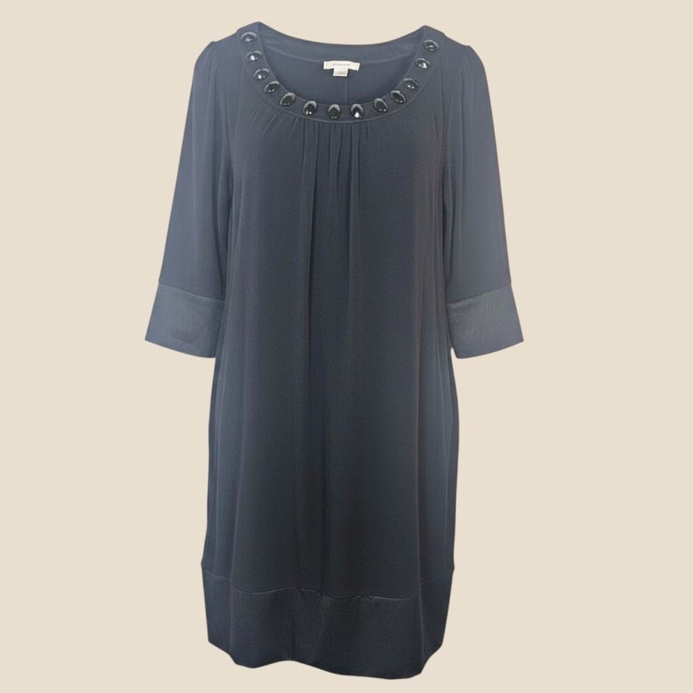 Dressbarn Black Embellished Scoop Neck Shift Dress 3/4 Sleeve Pockets 8